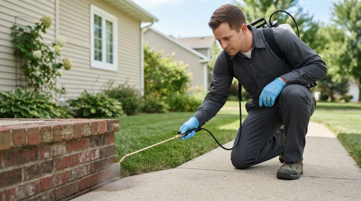 Pest control technician treating a home near La Coste, TX